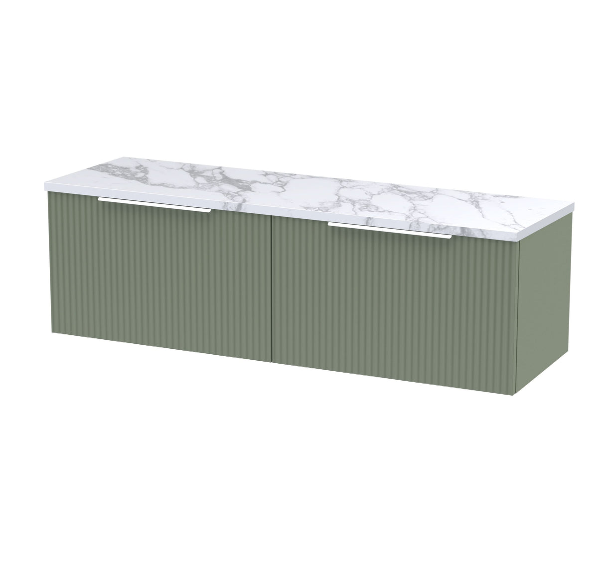 Hudson Reed Fluted Wall Hung 2-Drawer Vanity & Carrera Marble Laminate Worktop, Counter Top Vanity Unit in Satin Green, 1200mm