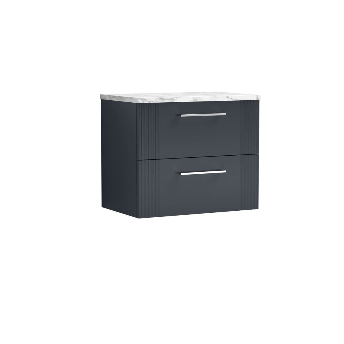 Nuie Deco Wall Hung 2-Drawer Vanity Unit & Carrera Marble Laminate Worktop, Counter Top Vanity Unit in Soft Black, 600mm