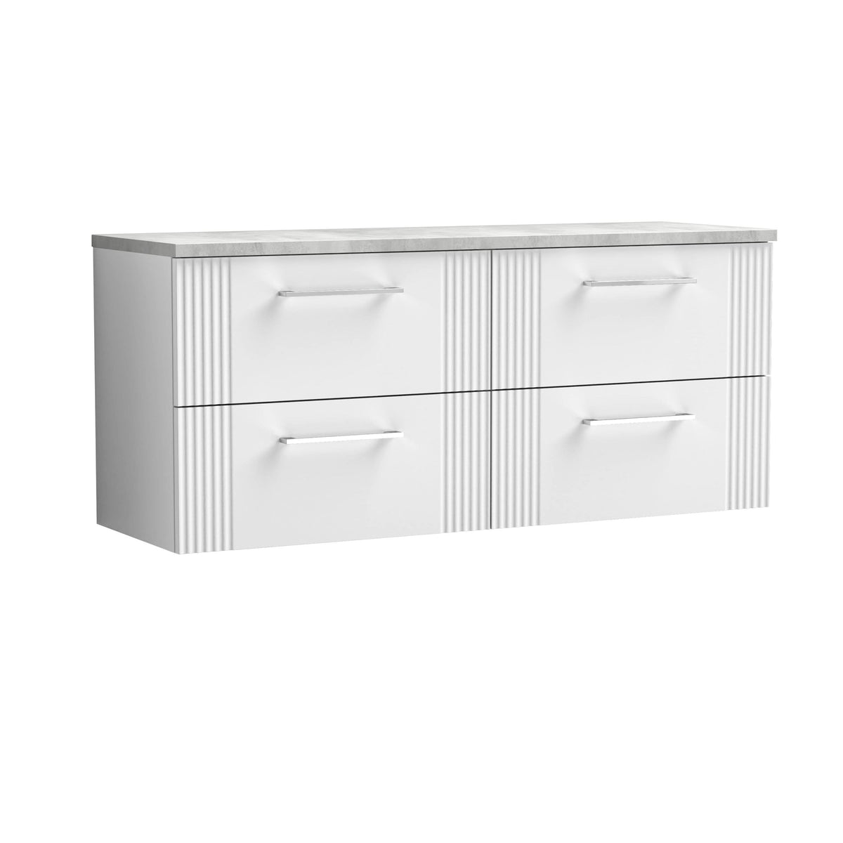 Nuie Deco Wall Hung 4-Drawer Vanity Unit & Bellato Grey Laminate Worktop, Counter Top Vanity Unit in Satin White, 1200mm