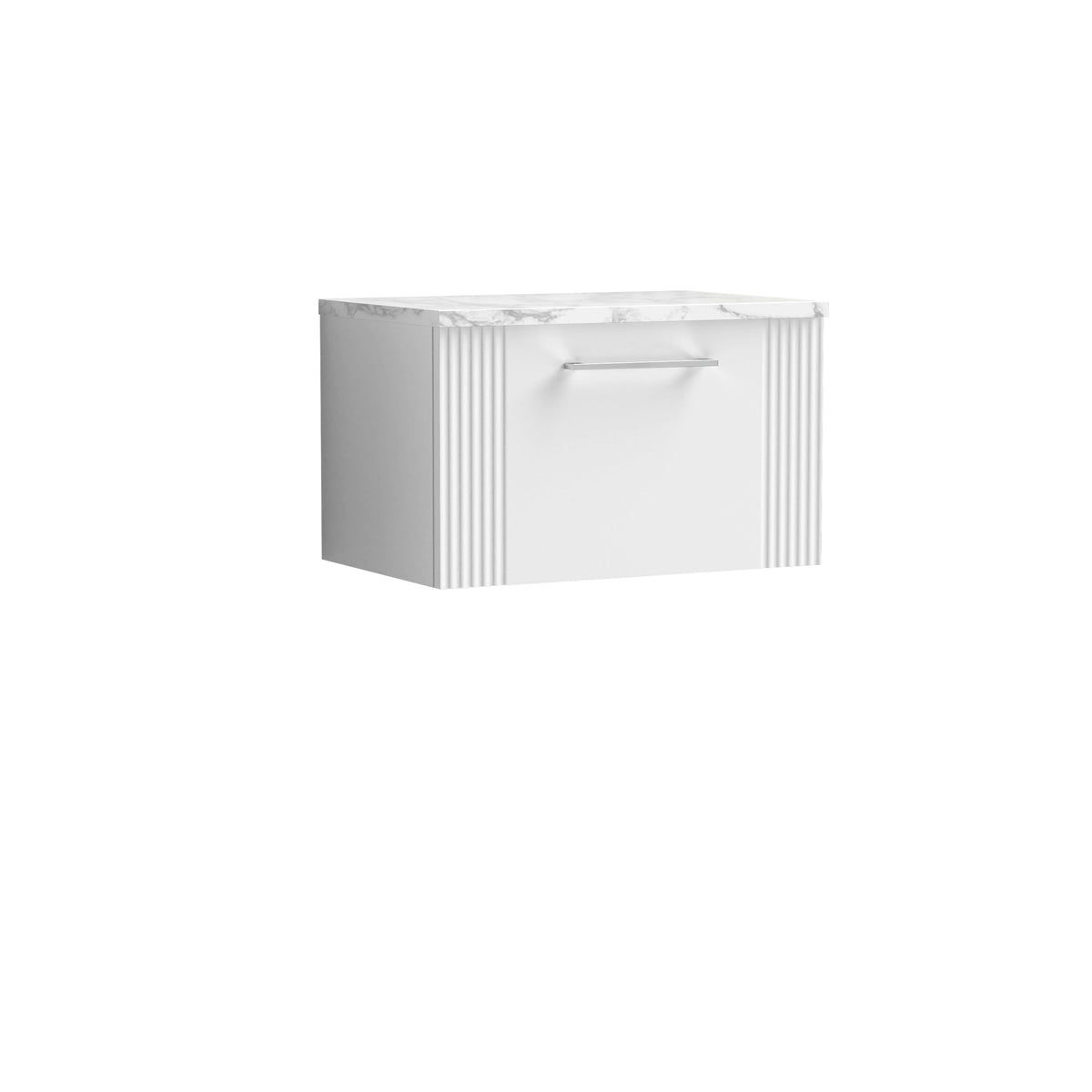 Nuie Deco Wall Hung 1-Drawer Vanity Unit & Bellato Grey Laminate Worktop, Counter Top Vanity Unit in Satin White, 600mm