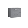 Nuie Deco Wall Hung 2-Drawer Vanity Unit & Bellato Grey Laminate Worktop, Counter Top Vanity Unit in Satin Grey, 600mm