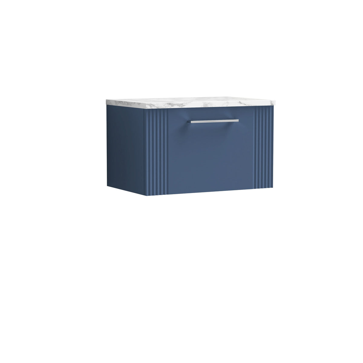 Nuie Deco Wall Hung 1-Drawer Vanity Unit & Bellato Grey Laminate Worktop, Counter Top Vanity Unit in Satin Blue, 600mm