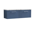 Nuie Deco Wall Hung 2-Drawer Vanity Unit & Carrera Marble Laminate Worktop, Counter Top Vanity Unit in Satin Blue, 1200mm