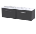 Hudson Reed Juno Wall Hung 1-Drawer Vanity Unit & Carrera Marble Worktop, Countertop Basin Unit in Graphite Grey Woodgrain, 600mm