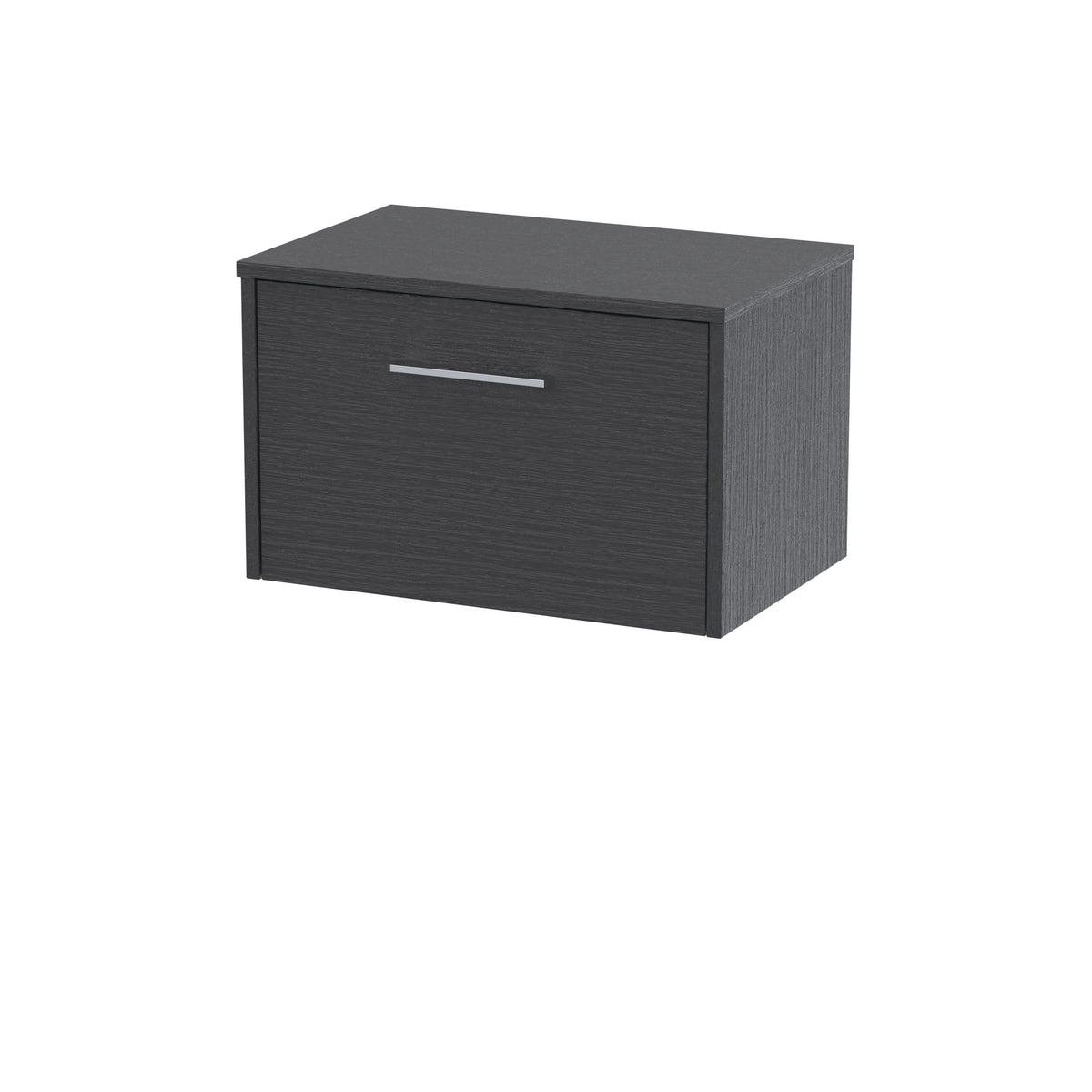 Hudson Reed Juno Wall Hung 1-Drawer Vanity Unit & Black Worktop, Countertop Basin Unit in Graphite Grey Woodgrain, 600mm