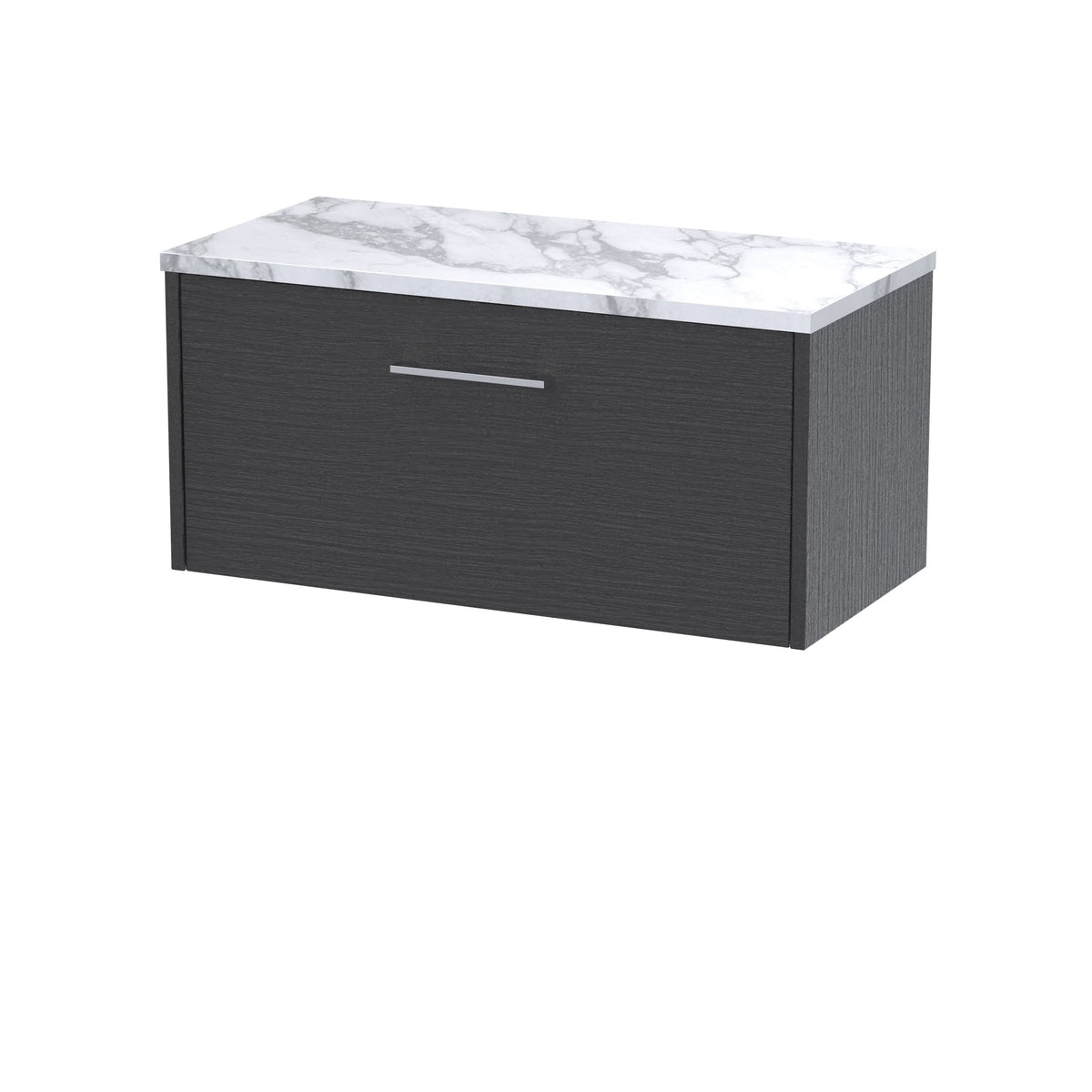 Hudson Reed Juno Wall Hung 1-Drawer Vanity Unit & Carrera Marble Worktop, Countertop Basin Unit in Graphite Grey Woodgrain, 800mm