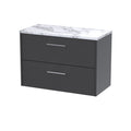 Hudson Reed Juno Wall Hung 2-Drawer Vanity Unit & Carrera Marble Worktop, Countertop Basin Unit in Graphite Grey Woodgrain, 800mm
