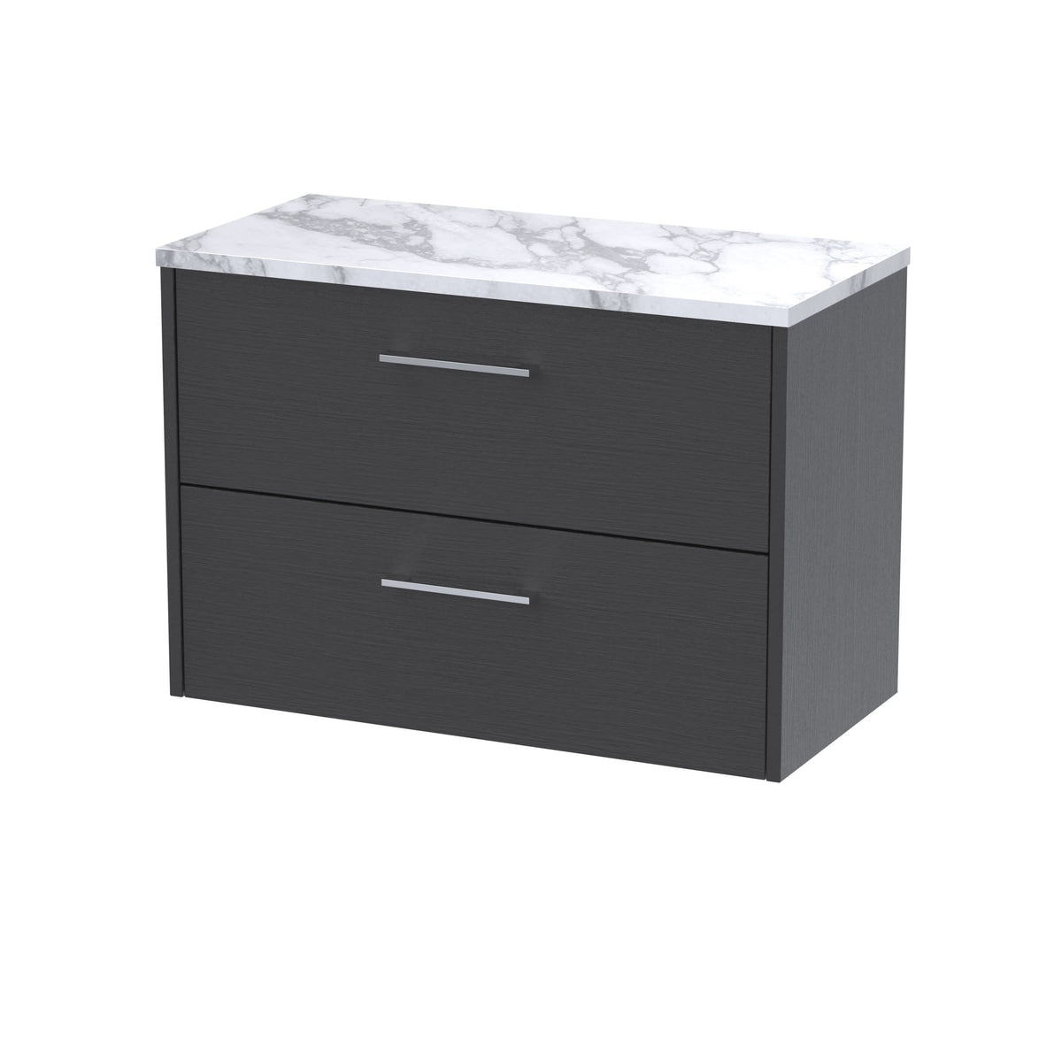 Hudson Reed Juno Wall Hung 2-Drawer Vanity Unit & Carrera Marble Worktop, Countertop Basin Unit in Graphite Grey Woodgrain, 800mm