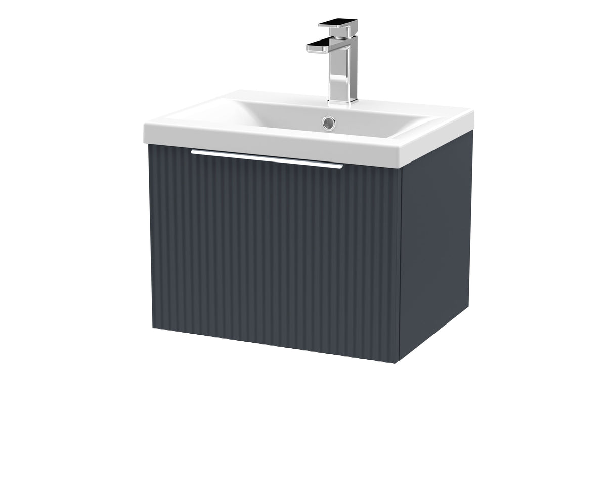 Hudson Reed Fluted Wall Hung 1-Drawer Vanity and Mid-Edge Basin, Contemporary Sink Vanity Unit, Soft Black, 500mm
