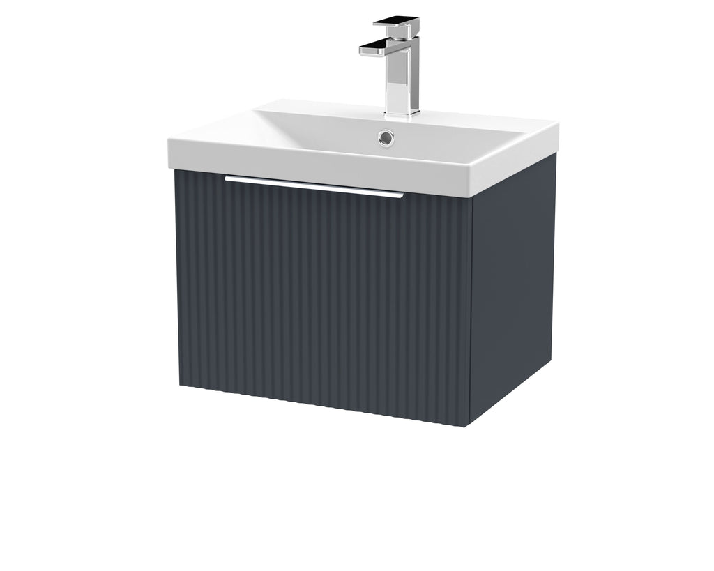 Hudson Reed Fluted Wall Hung 1-Drawer Vanity and Thin-Edge Basin, Contemporary Sink Vanity Unit, Soft Black, 500mm