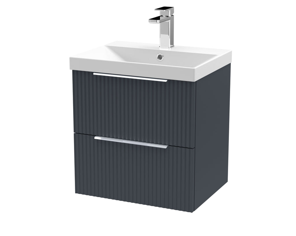 Hudson Reed Fluted Wall Hung 2-Drawer Vanity and Thin-Edge Basin, Contemporary Sink Vanity Unit, Soft Black, 500mm