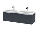 Hudson Reed Fluted Wall Hung 2-Drawer Vanity and Double Polymarble Basin, Contemporary Sink Vanity Unit, Soft Black, 1200mm