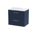 Hudson Reed Juno Wall Hung Counter Top Vanity Unit, 2 Soft Close Drawers with D Shape Handles and White Laminate Worktop, for Modern Bathrooms in Midnight Blue, 600mm