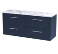 Hudson Reed Juno Wall Hung Countertop Units, 4 Soft Close Drawers with D Shape Handles and Durable White Laminate Worktop for Luxury Bathrooms in Midnight Blue, 1200mm
