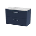 Hudson Reed Juno Wall Hung Countertop Vanity Unit with White Laminate Worktop, Soft Close Drawers in D Shape Handle for Luxury Bathroom Storage in Midnight Blue, 800mm