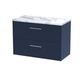Hudson Reed Juno Wall Hung Countertop Basin Unit with White Laminate Worktop, Modern Vanity Unit with 2 Soft Close Drawers and D Shape Handle in Midnight Blue, 800mm