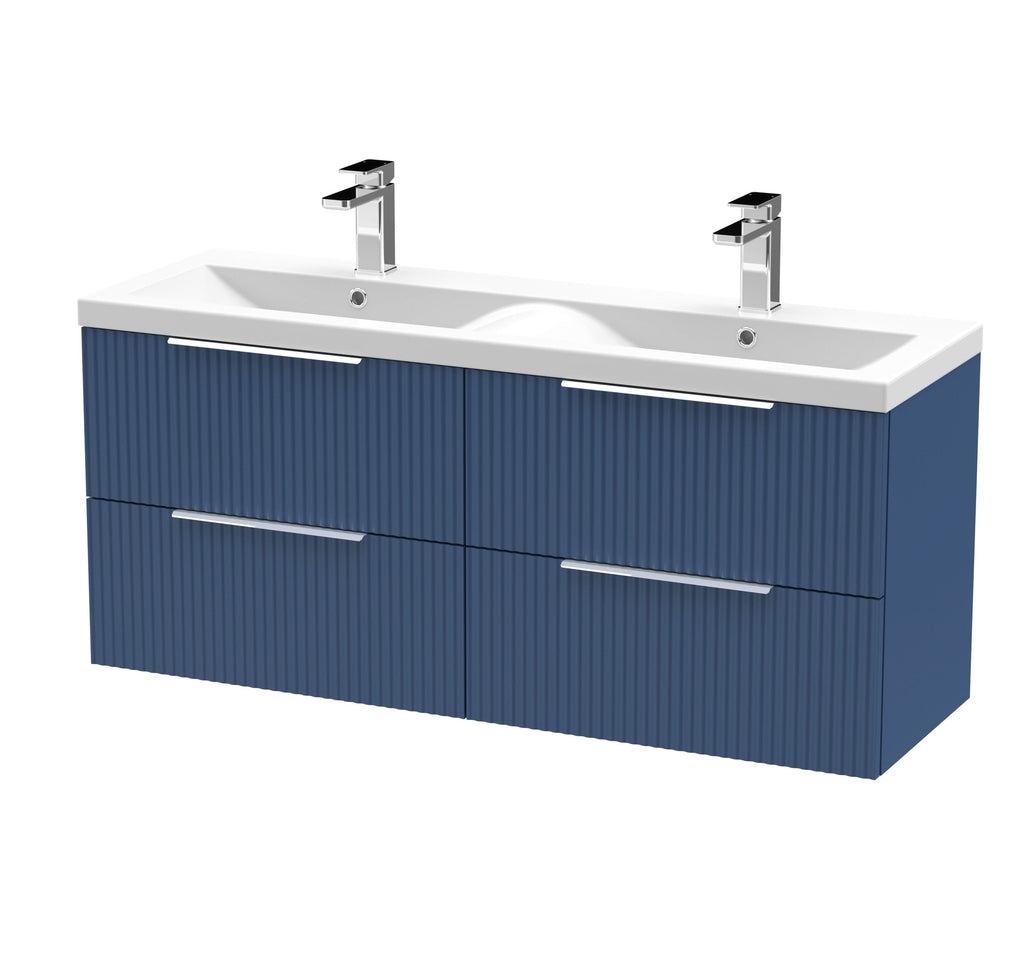 Hudson Reed Fluted Wall Hung 4-Drawer Vanity and Double Ceramic Basin, Premium Sink Vanity Unit, Satin Blue, 1200mm