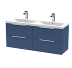 Hudson Reed Fluted Wall Hung 4-Drawer Vanity and Double Ceramic Basin, Premium Sink Vanity Unit, Satin Blue, 1200mm