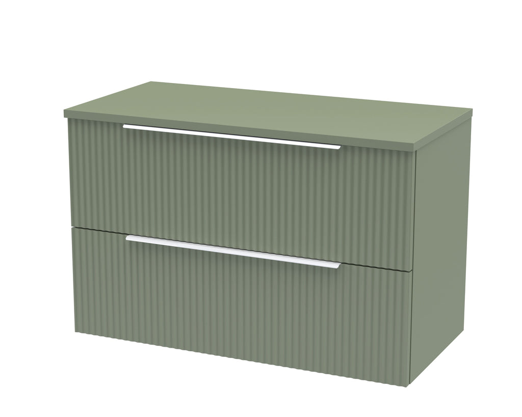 Hudson Reed Fluted Wall Hung 2-Drawer Vanity Unit & Green Worktop, Counter Top Vanity Unit in Satin Green, 800mm
