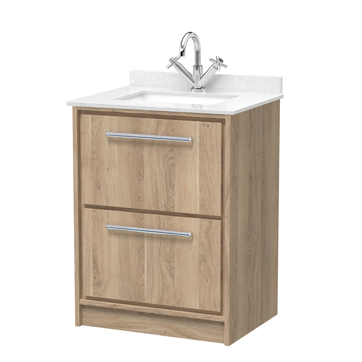 Hudson Reed Lille Floor Standing Vanity Unit with 2 Drawers, Marble Worktop & 1 Tap Hole Basin, Floor Standing Vanity Unit for Modern Bathrooms in Bleached Oak, 600mm