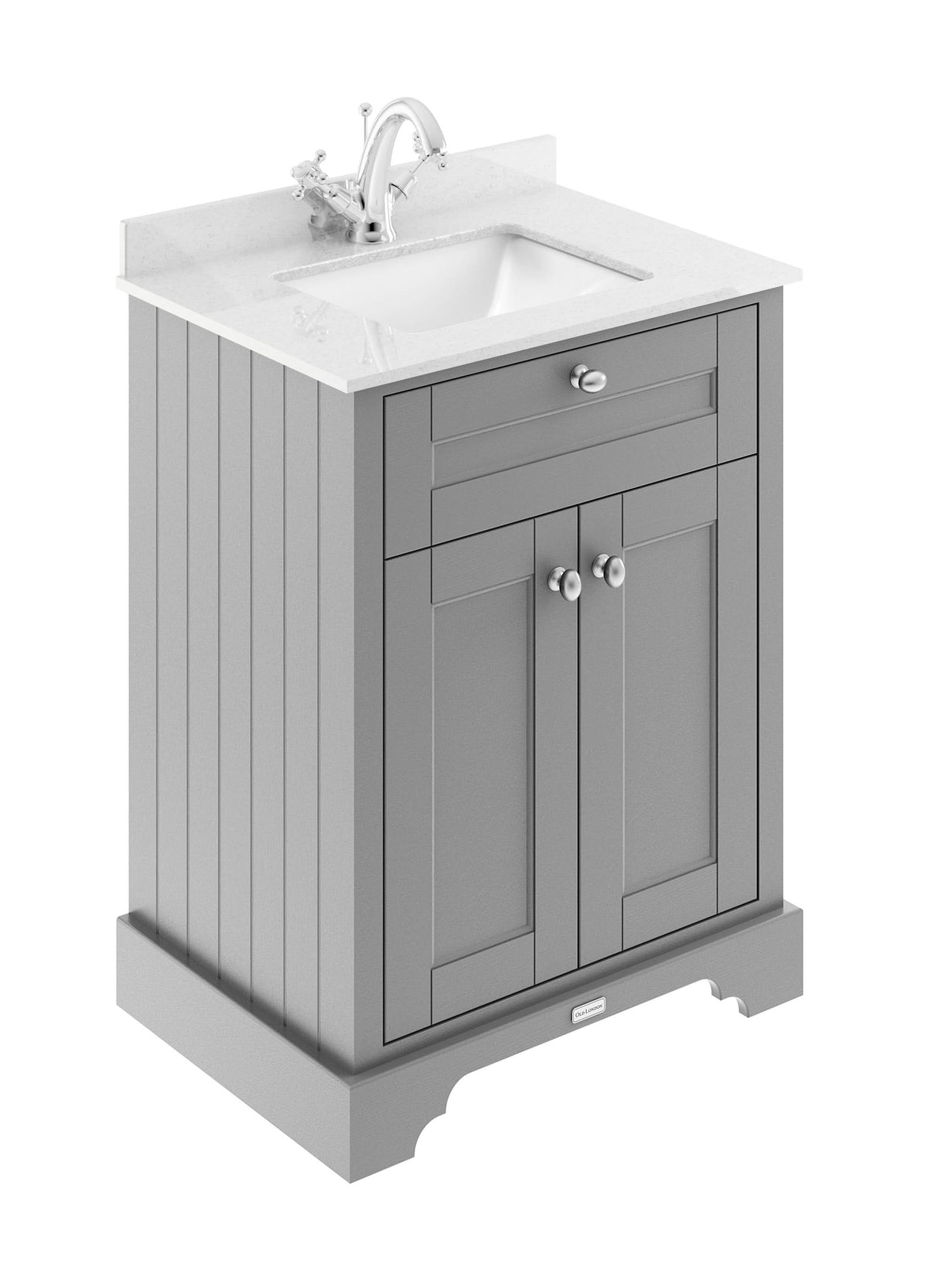 Old London Floor Standing Vanity Unit with Square Basin White Marble Top, 2 Doors, Traditional Bathroom Sink Vanity Unit with Basin & 1 Tap Hole in Storm Grey, 600mm