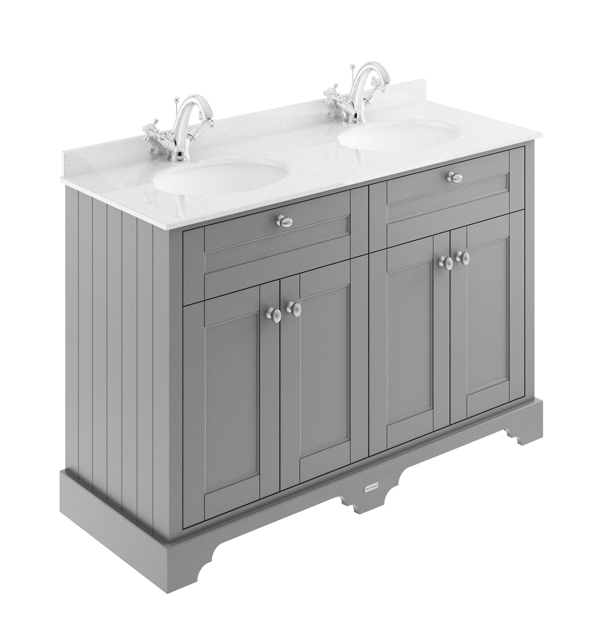 Old London Floor Standing 4 Door Vanity Unit with Double White Marble Basin Traditional Bathroom Vanity Unit with 1 Tap Hole, Sink Vanity Unit in Storm Grey, 1200mm