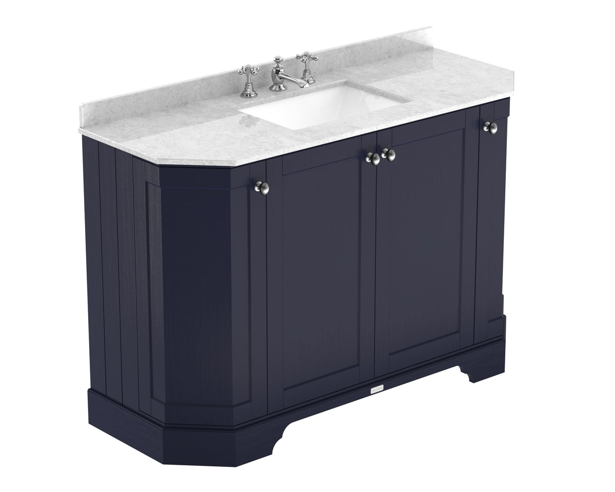 Old London Floor Standing 4 Door Vanity Unit with White Marble Top, Traditional Sink Vanity Unit, Soft Close Doors, Bathroom Cabinet in Twilight Blue, 1200mm