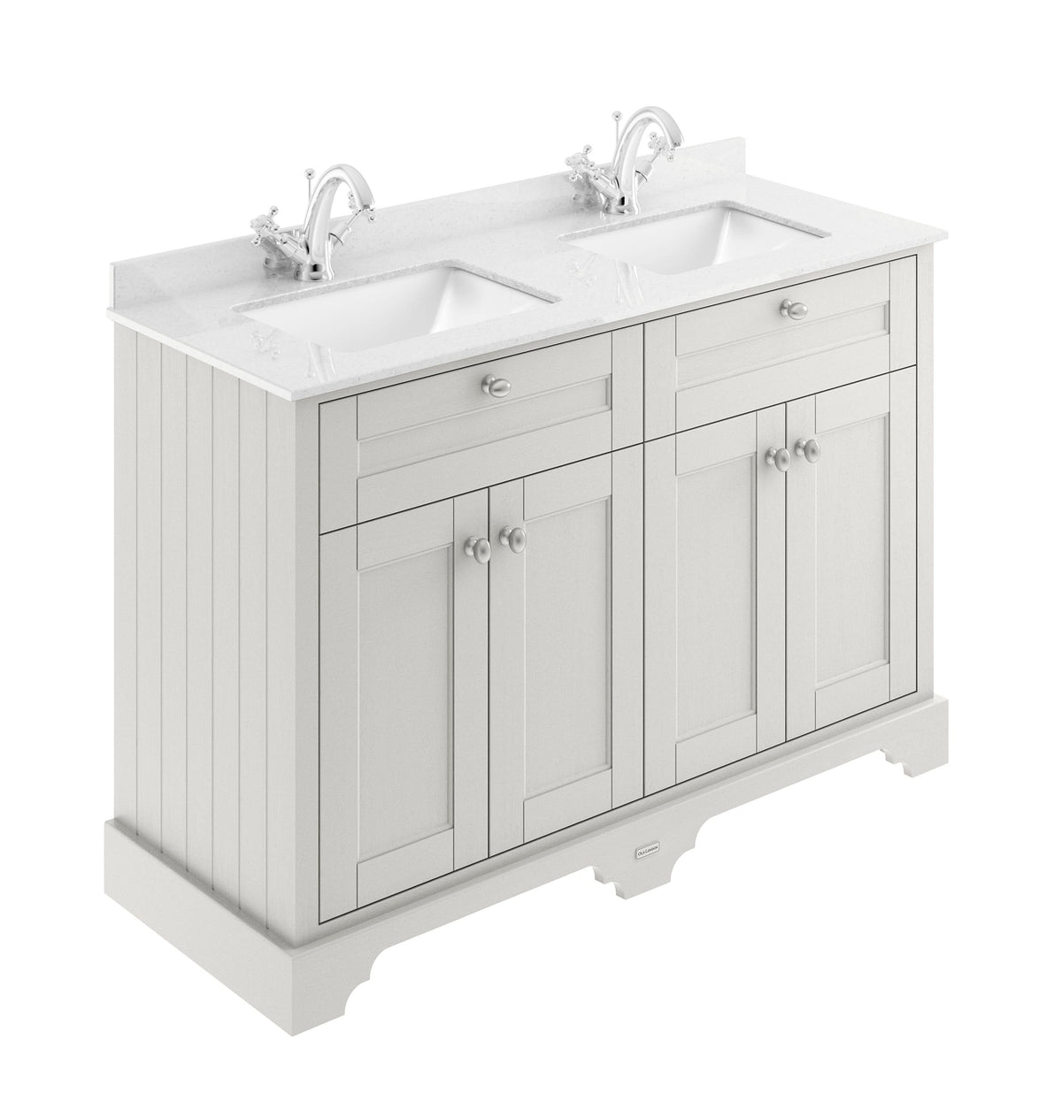 Old London Floor Standing 4 Door Vanity Basin Unit with White Marble Top & Square Basin, Traditional Sink Vanity Unit for Bathroom Style in Timeless Sand, 1200mm