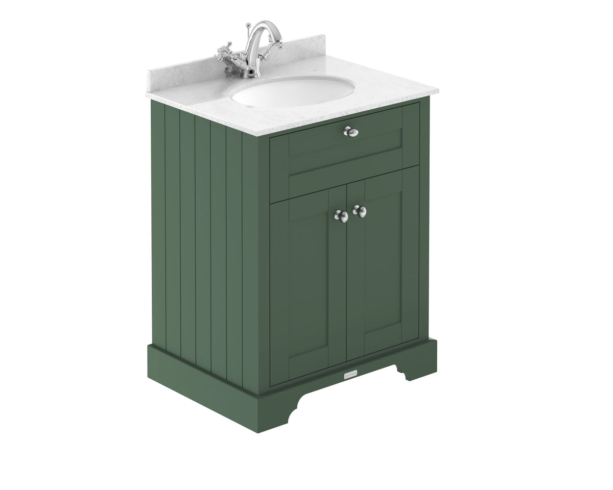 Old London Floor Standing Vanity Unit with White Marble Basin 1 Tap Hole, Durable 2-Door Soft Close Cabinet with Traditional Bathroom Style in Hunter Green 600mm