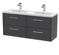 Hudson Reed Fluted Wall Hung 4-Drawer Vanity and Double Vitreous China Basin, Contemporary Sink Vanity Unit, Graphite Grey Woodgrain, 1200mm