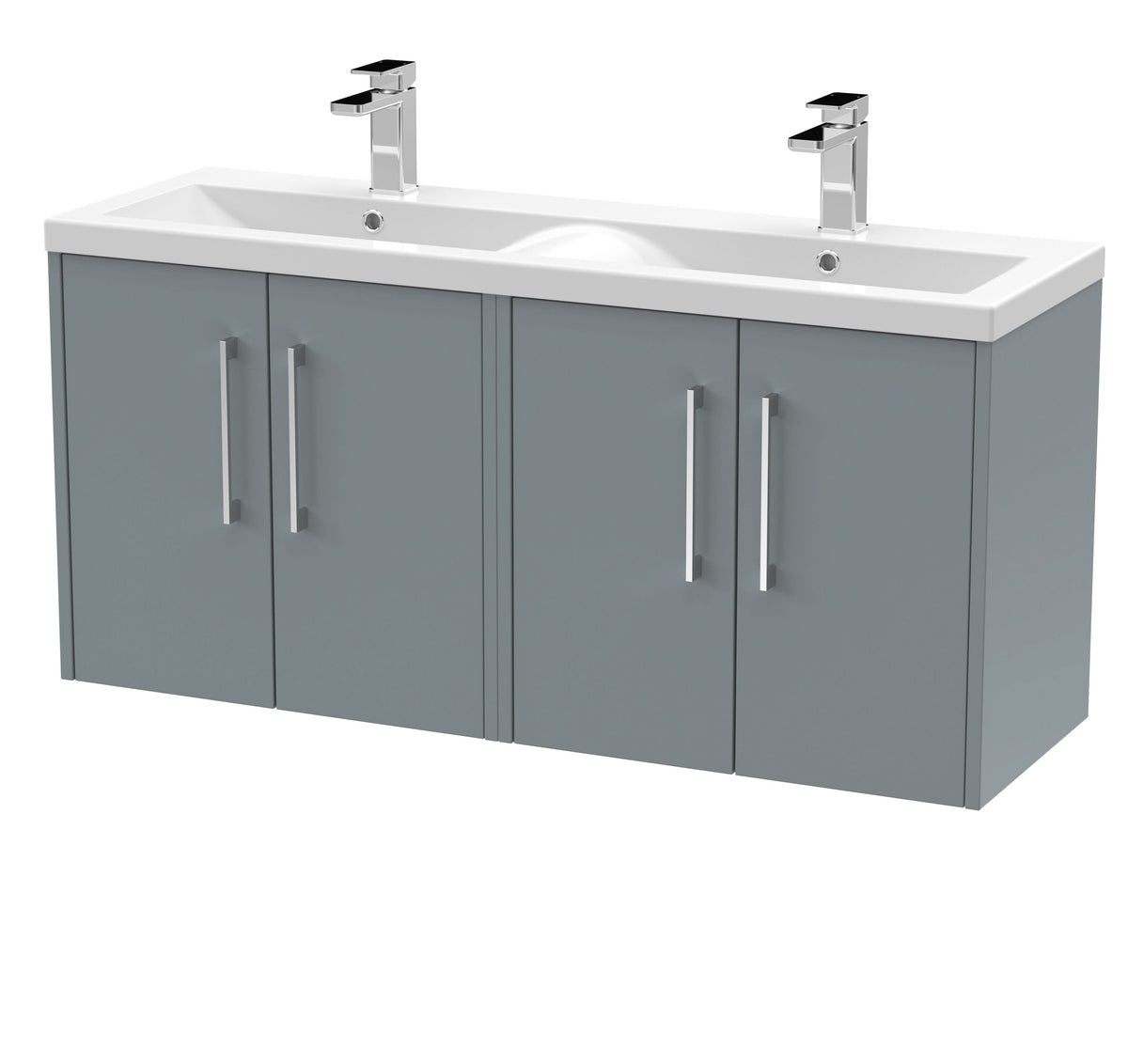 Hudson Reed Fluted Wall Hung 4-Door Vanity and Double Vitreous China Basin, Contemporary Sink Vanity Unit, Coastal Grey, 1200mm