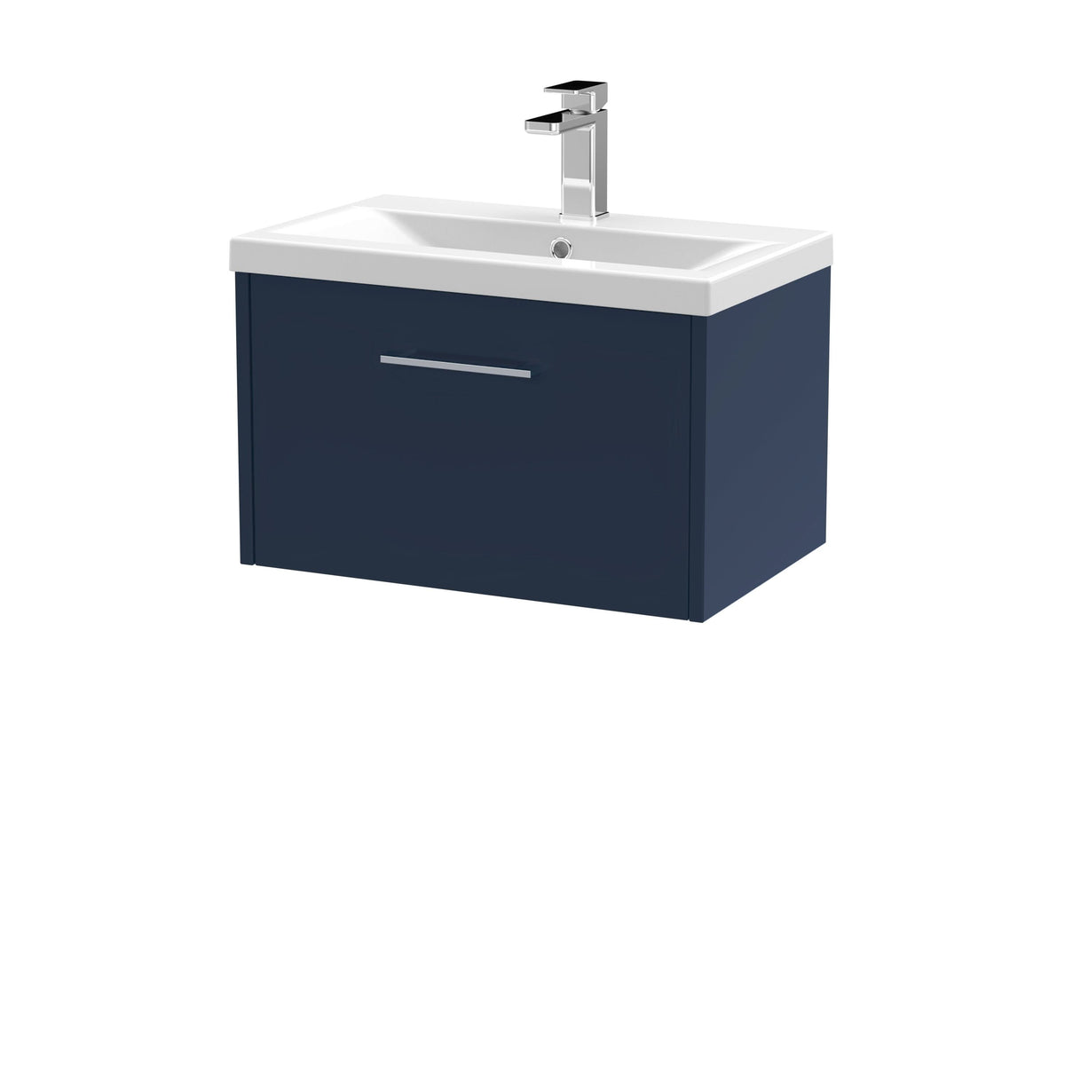 Hudson Reed Juno Wall Hung Vanity Unit with White Basin, Single Drawer Sink Vanity Unit for Modern Bathroom, Slimline Vanity Unit in Bathroom in Midnight Blue, 600mm