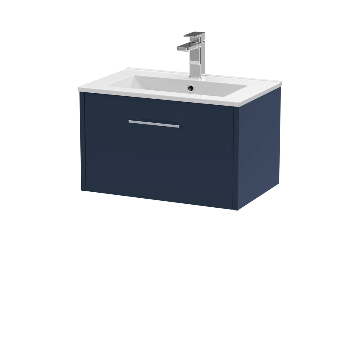 Hudson Reed Juno Wall Hung Vanity Unit with White Basin, Modern Single Drawer Bathroom Vanity Unit with Basin, Sink Vanity Unit Design in Midnight Blue, 600mm