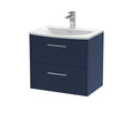 Hudson Reed Juno Wall Hung Vanity Unit with Basin 1 Tap Hole, 2 Soft Close Drawers with D Shape Handles Modern Sink Vanity Unit for Bathrooms in Midnight Blue, 600mm