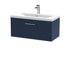Hudson Reed Juno Wall Hung Single Drawer Vanity Unit with Basin 1 Tap Hole, Durable Soft Close Drawer with D Shape Handle for Modern Bathrooms in Midnight Blue, 800mm