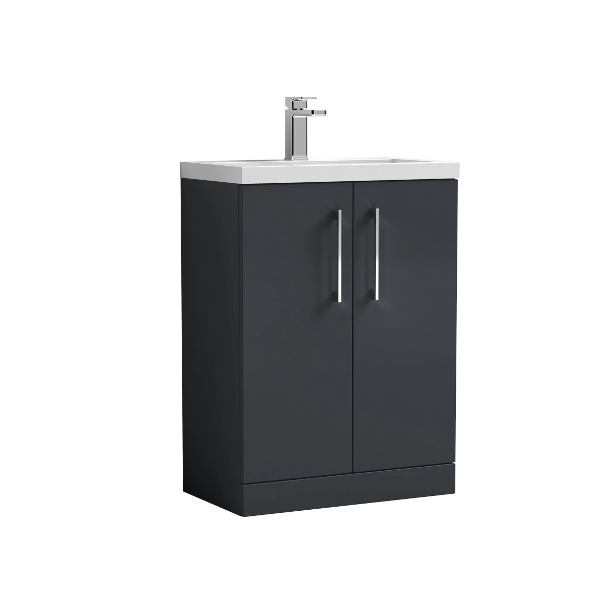 Hudson Reed Arno Compact Floor Standing 2 Door Vanity Unit with Polymarble Basin, Durable Modern Vanity Unit in Soft Black, 600mm