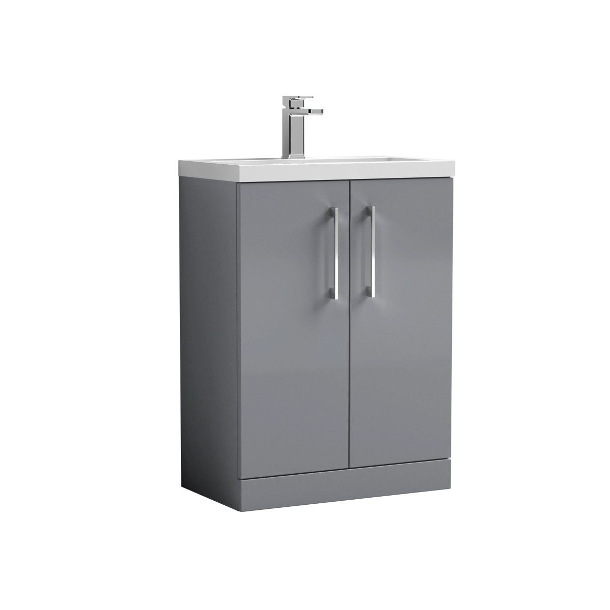 Hudson Reed Arno Compact Floor Standing 2 Door Vanity Unit with Ceramic Basin, Durable Modern Vanity Unit in Satin Grey, 600mm