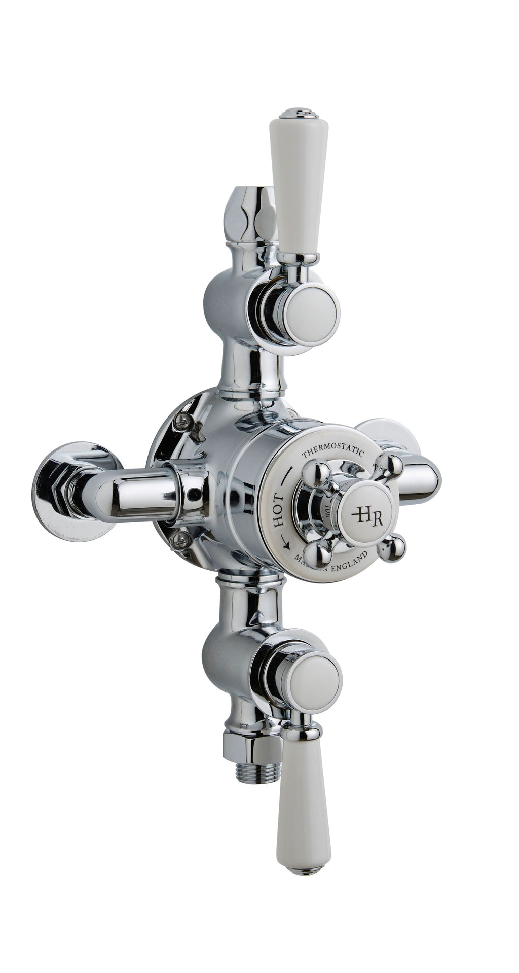 Old London Triple Thermostatic Exposed Shower Valve in 2 White Topaz and Crosshead Handle, Accurate Flow Control in Chrome Finish
