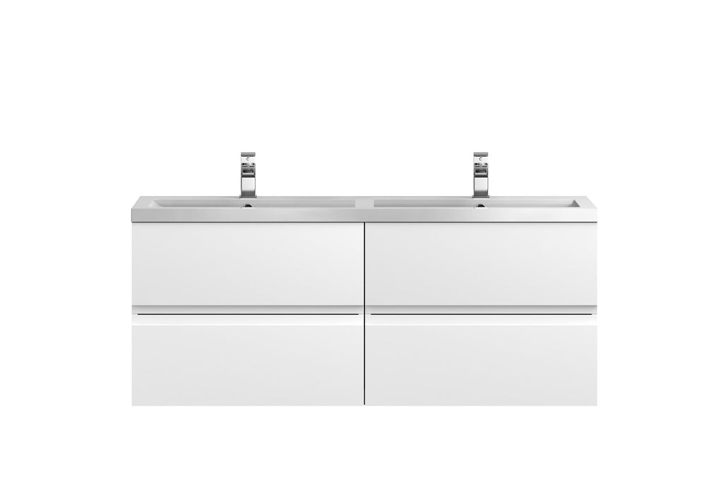 Hudson Reed Urban Wall Hung 4 Drawer Vanity Unit with Double Polymarble Basin, Modern Bathroom Furniture in Satin White, 1200mm