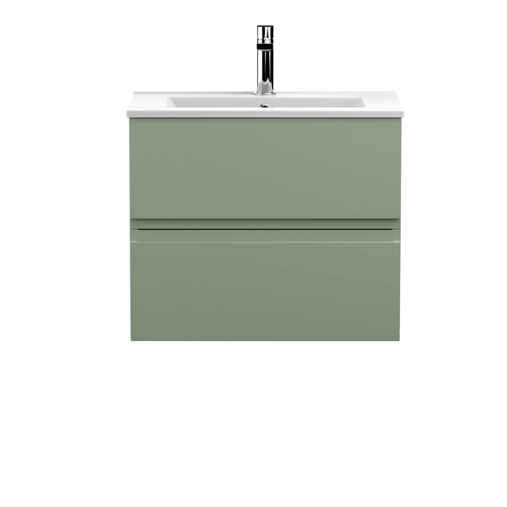 Hudson Reed Urban Wall Hung 2 Drawer Vanity Unit with Minimalist Ceramic Basin, Modern Bathroom Furniture in Satin Green, 600mm