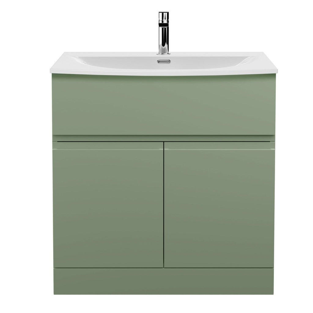 Hudson Reed Urban Floor Standing 2 Door 1 Drawer Vanity Unit with Curved Basin, Durable Modern Vanity Unit in Satin Green, 800mm
