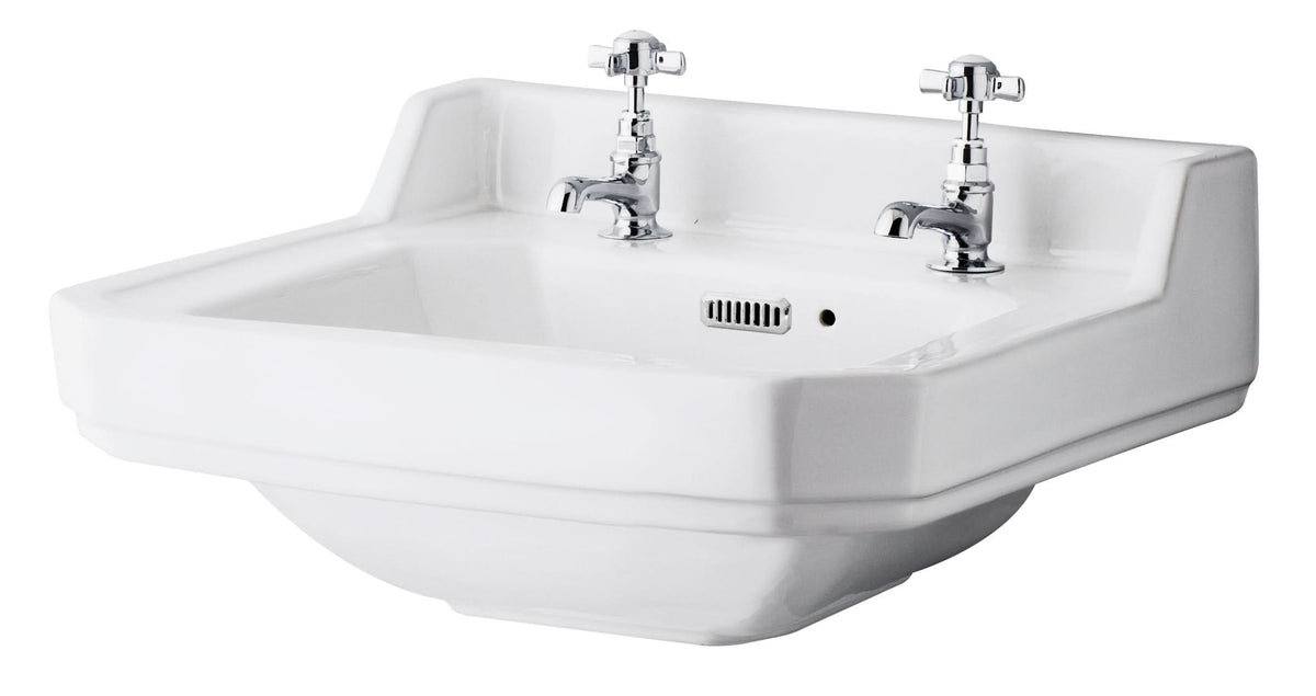Hudson Reed Richmond Traditional Wall Hung Basin, Victorian Style Sink with 2 Tap Holes, Wall Mounted Small Ceramic Wash Basin, Classic White
