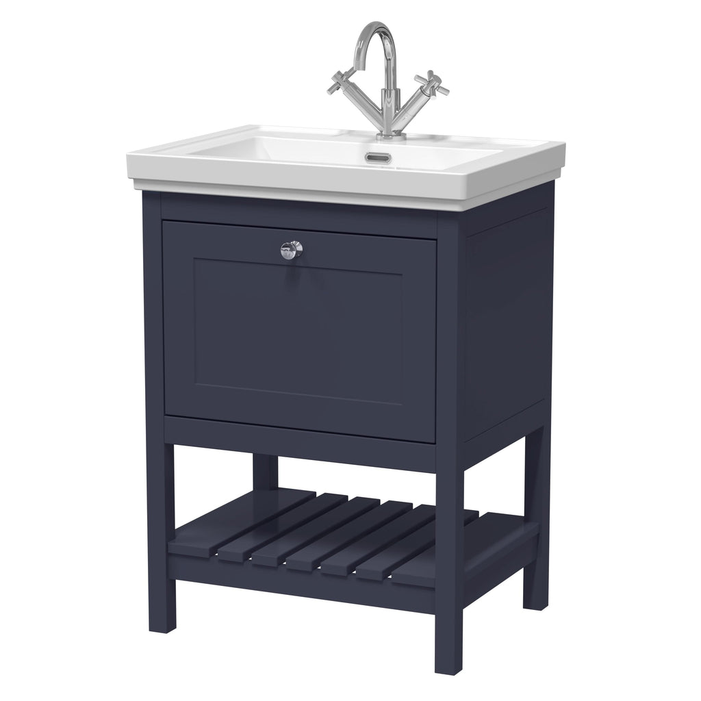 Old London Bexley Floor Standing 1 Drawer Vanity & 1 Tap Hole Fireclay Basin, Stylish Vanity Unit with Basin, Indigo Blue, 600mm