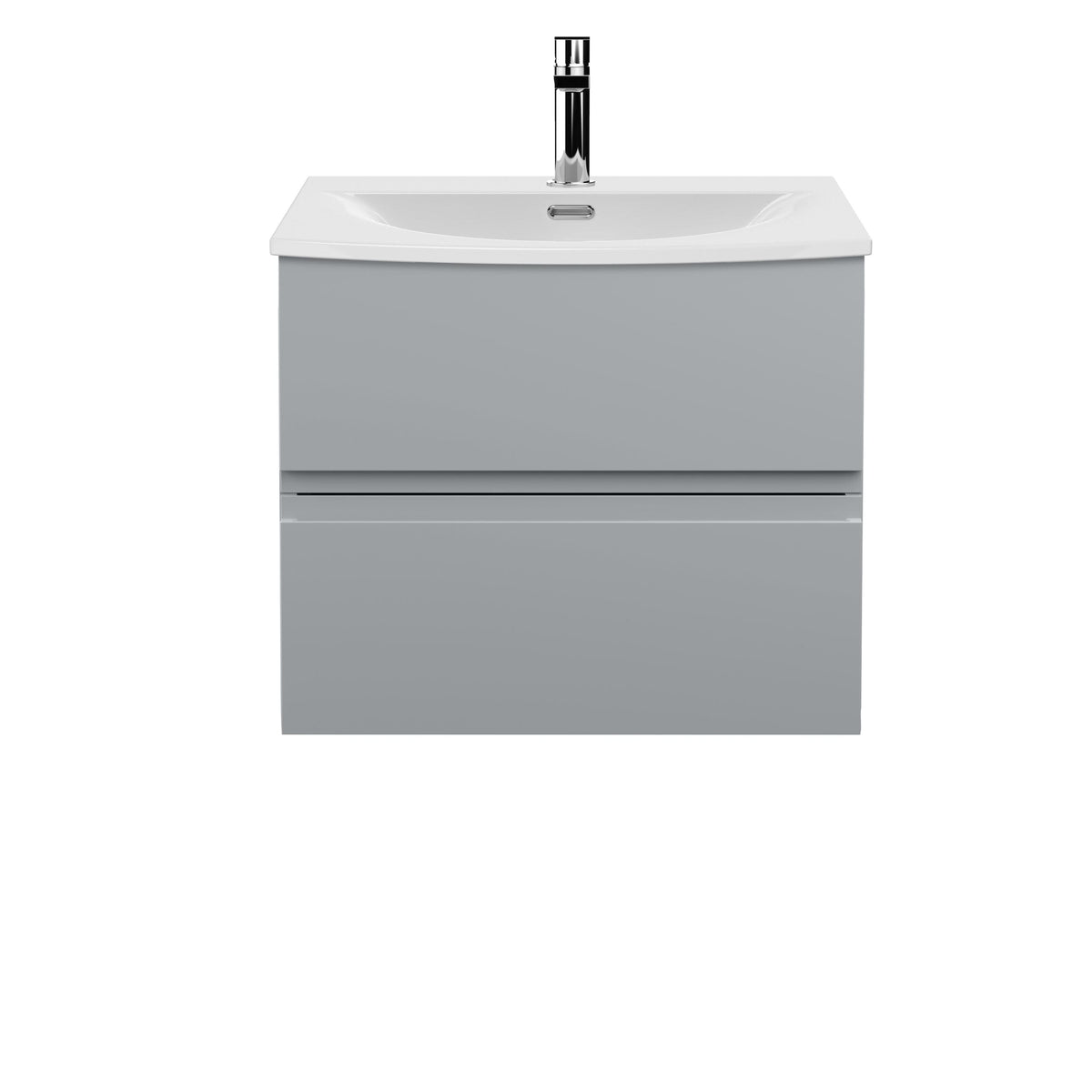 Hudson Reed Urban Wall Hung 2 Drawer Vanity Unit with Curved Ceramic Basin, Modern Bathroom Furniture in Satin Grey, 600mm