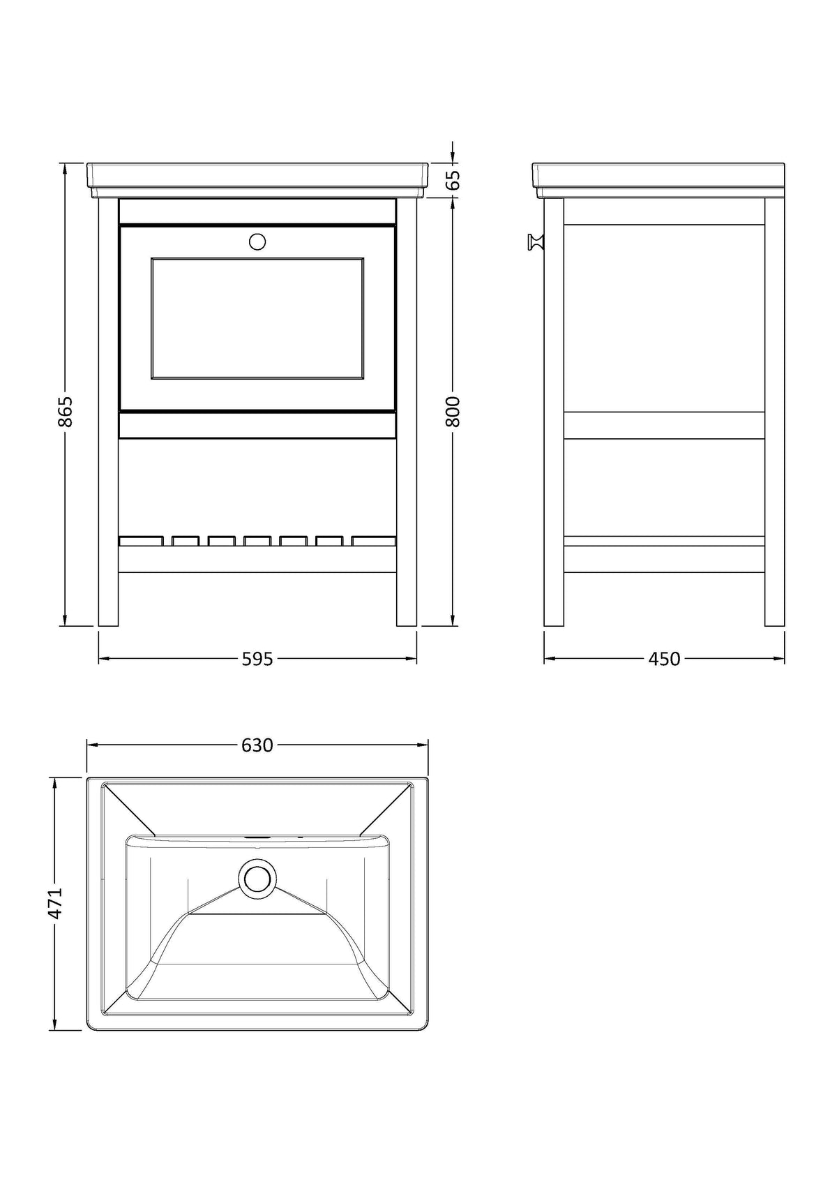Old London Bexley Floor Standing 1 Drawer Vanity without Tap Hole Fireclay Basin, Stylish Vanity Unit with Basin, Pure White, 600mm