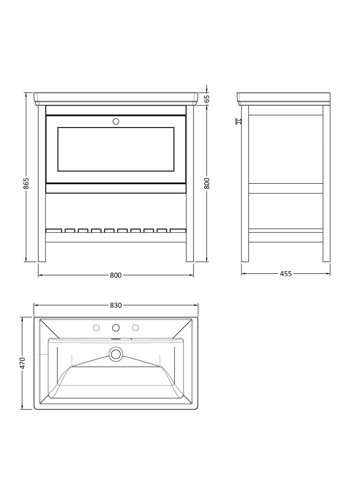 Old London Bexley Floor Standing 1 Drawer Vanity & 3 Tap Hole Fireclay Basin, Stylish Vanity Unit with Basin, Pure White, 800mm