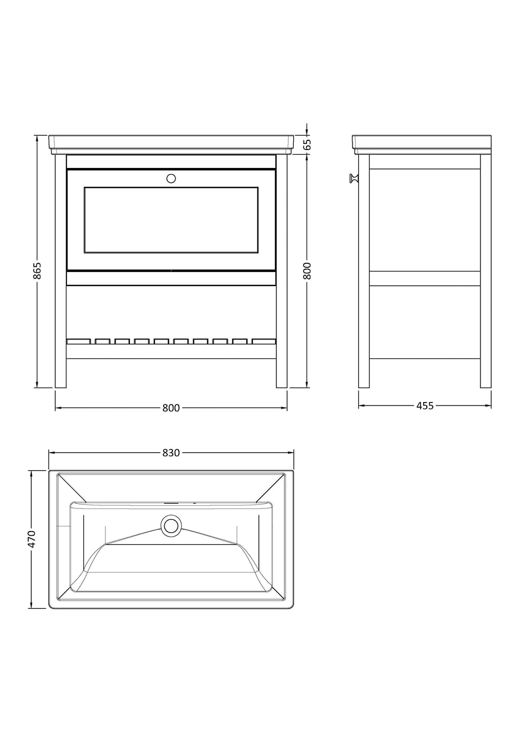 Old London Bexley Floor Standing 1 Drawer Vanity without Tap Hole Fireclay Basin, Stylish Vanity Unit with Basin, Pure White, 800mm