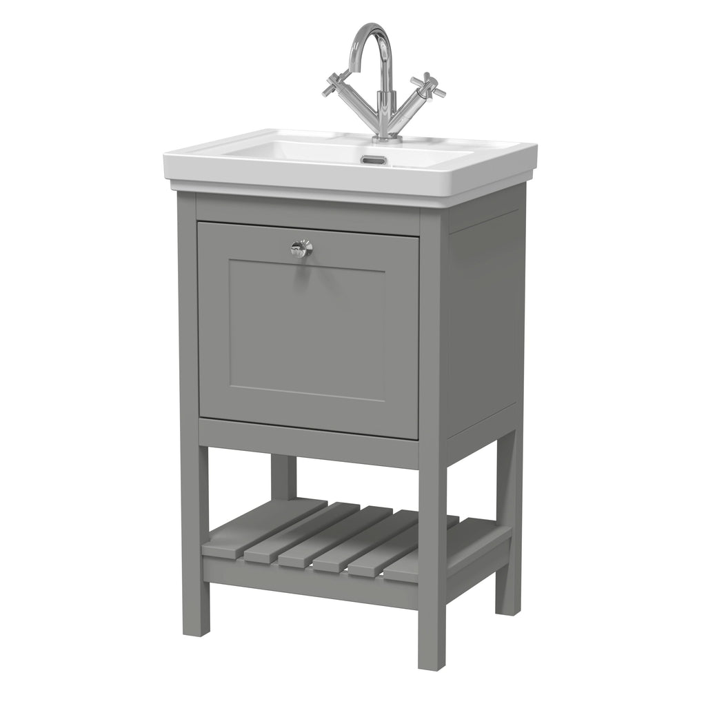 Old London Bexley Floor Standing 1 Drawer Vanity & 1 Tap Hole Fireclay Basin, Stylish Vanity Unit with Basin, Cool Grey, 500mm