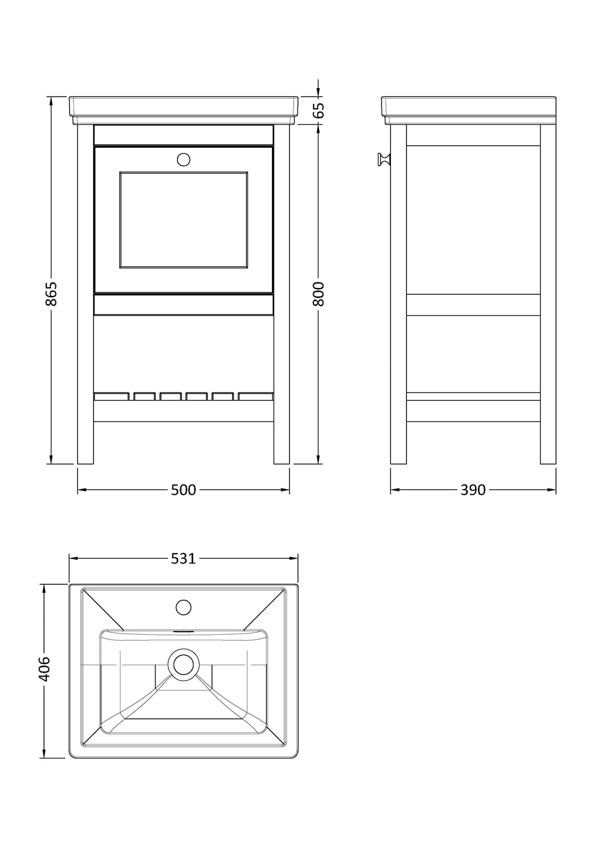 Old London Bexley Floor Standing 1 Drawer Vanity & 1 Tap Hole Fireclay Basin, Stylish Vanity Unit with Basin, Cool Grey, 500mm