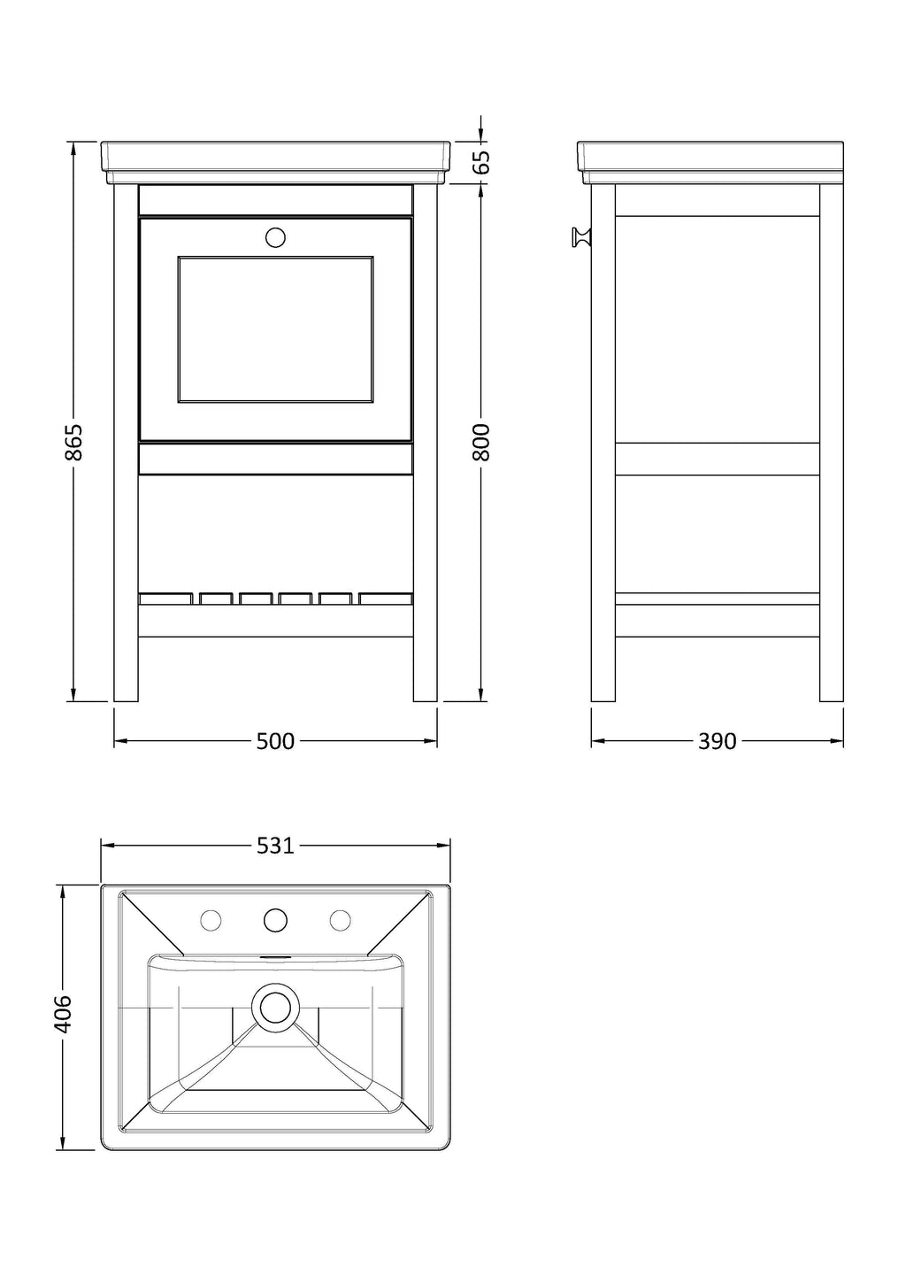 Old London Bexley Floor Standing 1 Drawer Vanity & 3 Tap Hole Fireclay Basin, Stylish Vanity Unit with Basin, Cool Grey, 500mm